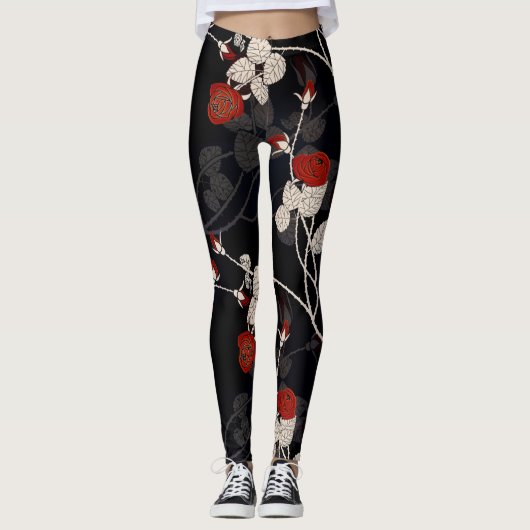 Leggings Élégante Rose rouge Flower Black (Devant)