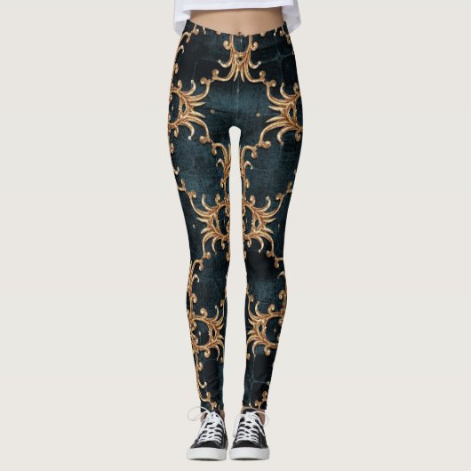 Leggings Eléments dorés baroques, turquoise foncé sans soud (Devant)