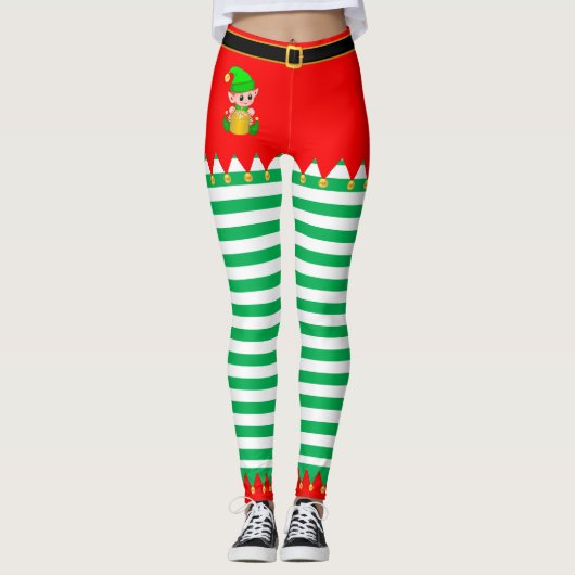 Leggings Elf de Noël et cloches de Jingle sur vert et blanc (Devant)