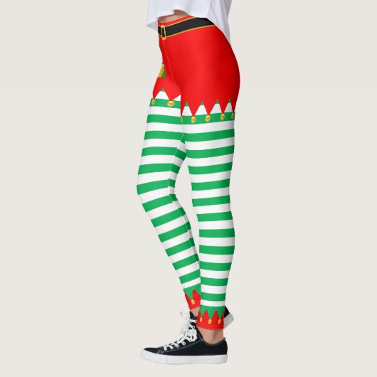 Leggings Elf de Noël et cloches de Jingle sur vert et blanc (Gauche)