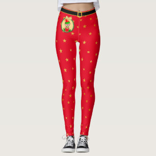 Leggings elfe de Noël, couronne de pin & étoiles en rouge