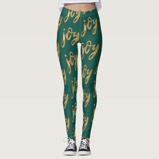 Leggings Emerald Green et Gold Joy Script Noël (Devant)