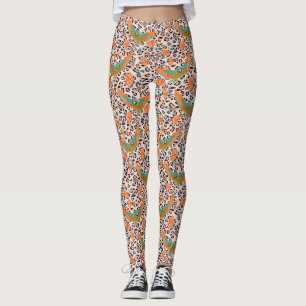 Leggings empreinte de léopard branché, oiseaux de paradis