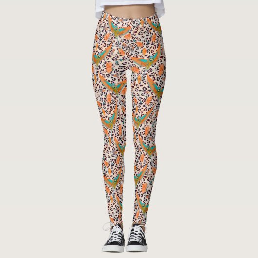 Leggings Empreinte de léopard branché, oiseaux de paradis (Devant)