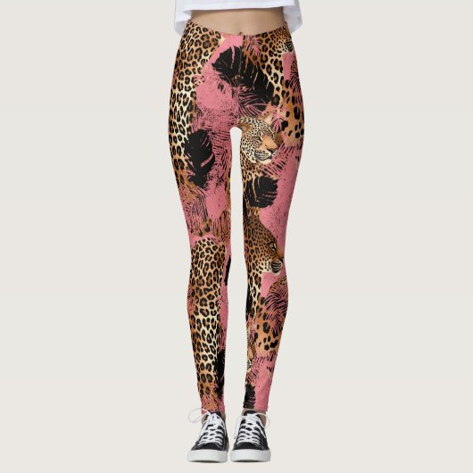 Leggings Empreinte de léopard rose/or mignon (Devant)