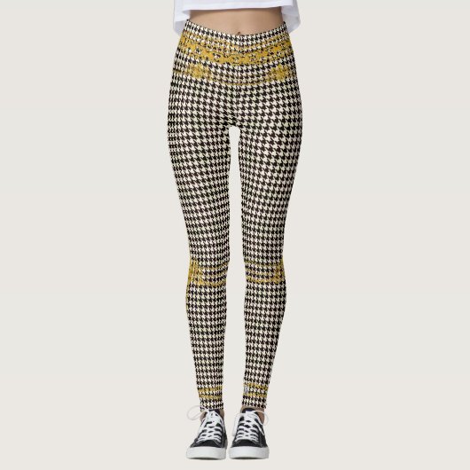 Leggings Empress Gold Chain Emblem Black Cream Houndstooth (Devant)