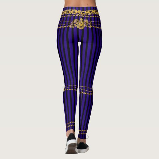 Leggings Empress Gold Chain Lion Emblem Black Purple Stripe (Dos)