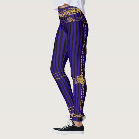Leggings Empress Gold Chain Lion Emblem Black Purple Stripe (Gauche)