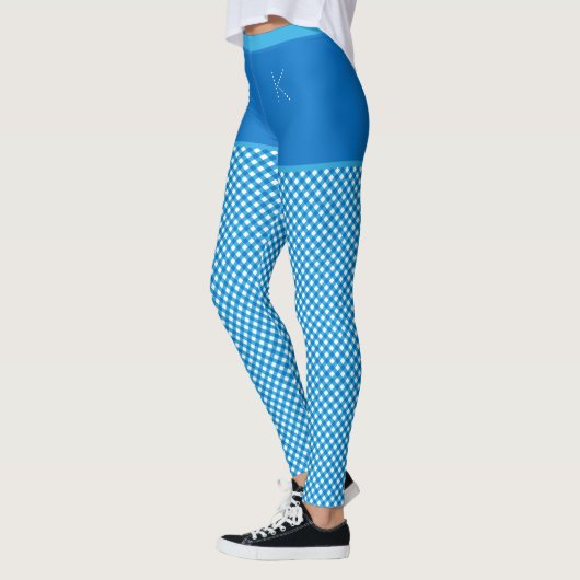 Leggings en vichy Imprimer bleu blanc Monogramme personnali (Gauche)