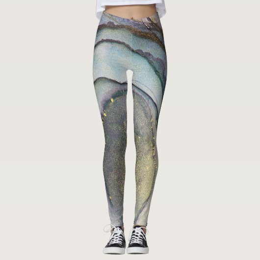 Leggings Encre Abstraite d'alcool Turquoise Gris pourpre Or (Devant)