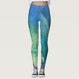 Leggings Encre Abstraite d'alcool vert pourpre bleu et or