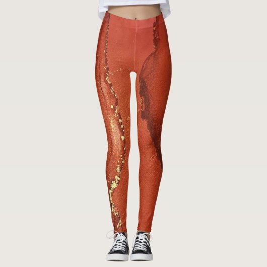 Leggings Encre d'alcool Abstraite Art brillant rouge et or (Devant)