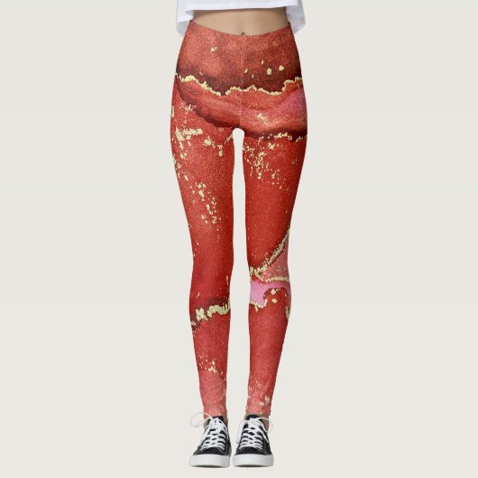 Leggings Encre d'alcool Abstraite Art brillant rouge et or (Devant)