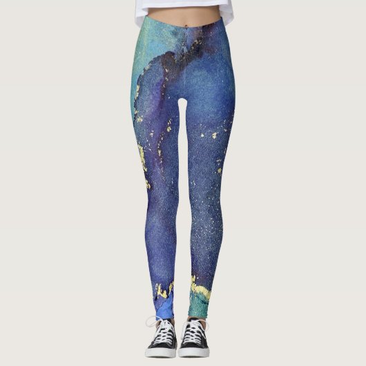 Leggings Encre d'alcool Abstraite Riche bleu or Aqua (Devant)