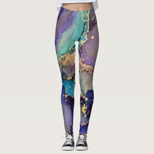 Leggings Encre d'alcool Abstraite Turquoise violet bleu et (Devant)