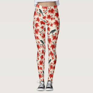 Leggings Érable automnal et oiseaux Art japonais