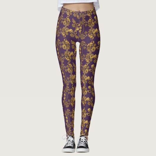 Leggings Estampe à fleurs damas doré sur violet (Devant)