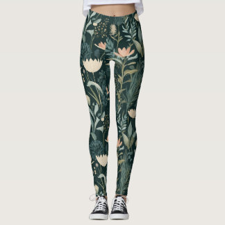 Leggings Esthétique Fleur Illustrative Sauge Foncé & Pêche