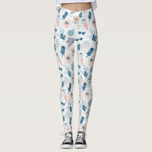 Leggings Été Plage Tropical Bleu Corail Rayé