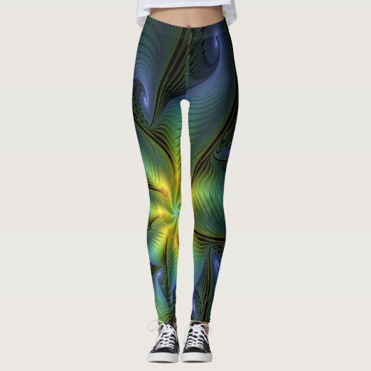 Leggings Etoile Abstraite, Bleu brillant Vert Or Fractal Ar (Devant)