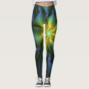 Leggings Etoile Abstraite, Bleu brillant Vert Or Fractal Ar