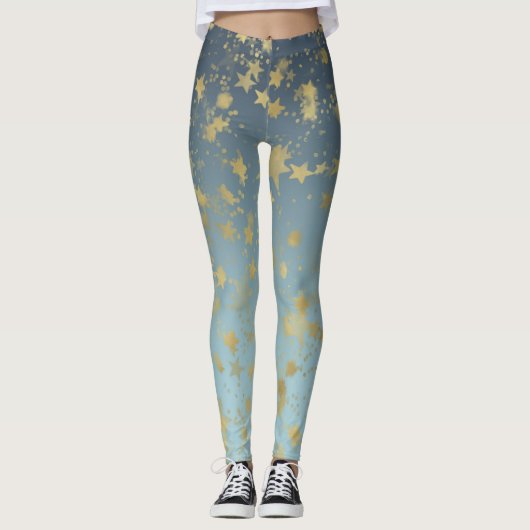 Leggings Étoiles Aqua Blue Gold Ombre (Devant)