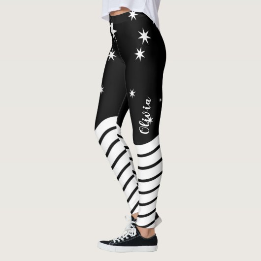 Leggings Étoiles blanches noires monogrammes rayures graphi (Gauche)