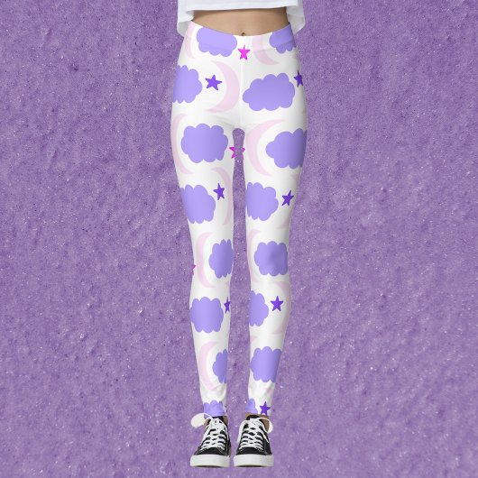 Leggings Étoiles de lune Nuages Motif foncé violet rose