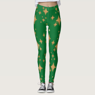 Leggings Étoiles de Noël Gold Retro sur Vert