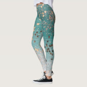 Leggings Étoiles d'or chatoyantes sur Turquoise (Gauche)
