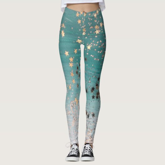 Leggings Étoiles d'or chatoyantes sur Turquoise (Devant)