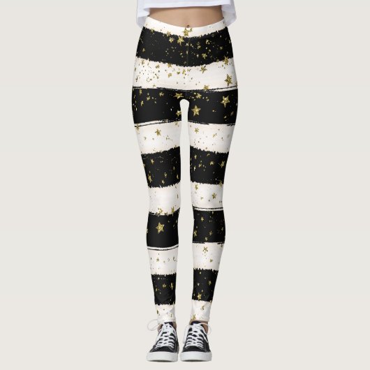 Leggings Etoiles d'or Grandes bandes noires et blanches (Devant)