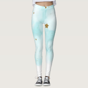 Leggings Étoiles Dorées et Nuages Célestes Bleu Ciel Mignon