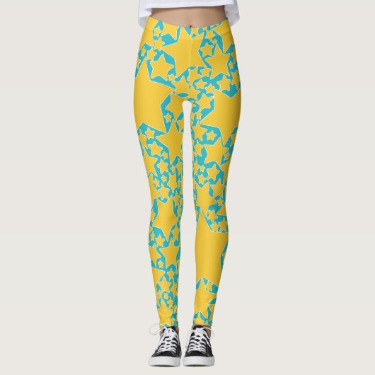 Leggings Étoiles, Étoiles, Étoiles en Turquoise et Jaune (Devant)
