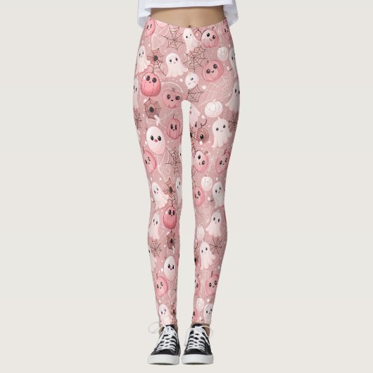 Leggings Fantômes roses et Halloween lunaire Citrouille (Devant)