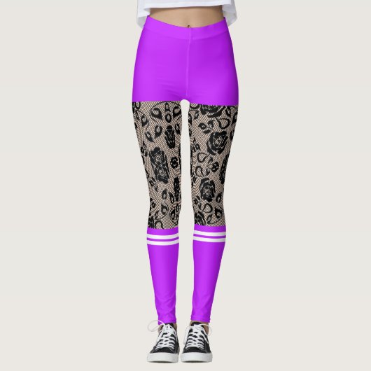 Leggings Faux Black Dentelle Poisson Violet Jambes à sochos (Devant)