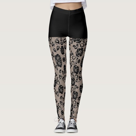 Leggings Faux Black Rose dentelle pêche et pattes courtes (Devant)