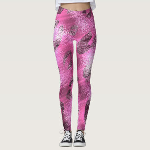 Leggings Faux Foil Shiny Look Argent et Empreinte de léopar