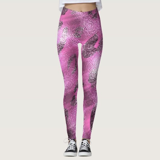 Leggings Faux Foil Shiny Look Argent et Empreinte de léopar (Devant)