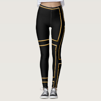 Leggings Faux Gold Illustrated Rectangular Stylish Black
