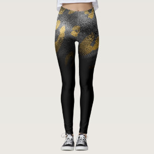 Leggings Faux Gold Leopard Cheetah Print Shiny Black Chic