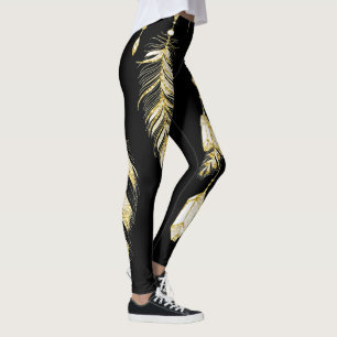 Leggings *~* Faux Gold Luxe Feathes & Crystals Chic Trendy