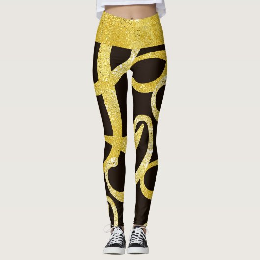 Leggings Faux or lettre abstraite L glam brillant motif (Devant)