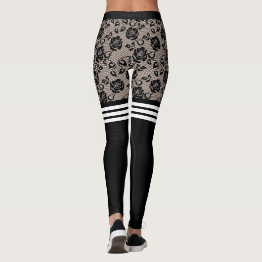 Leggings Faux Roses Noirs Dentelle Pêche Sur Les Chaussette (Dos)