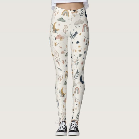 Leggings Femmes Célestes Boho| Lune Étoiles Neutres (Devant)