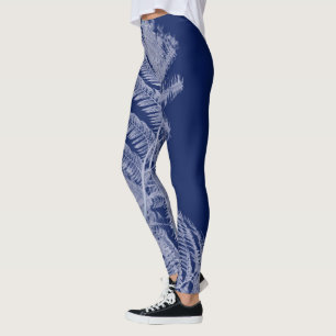 Leggings Fern Feuille Texture croquis Bleu blanc