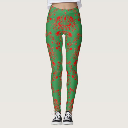 Leggings Festive Holiday Green et Red Damask (Devant)