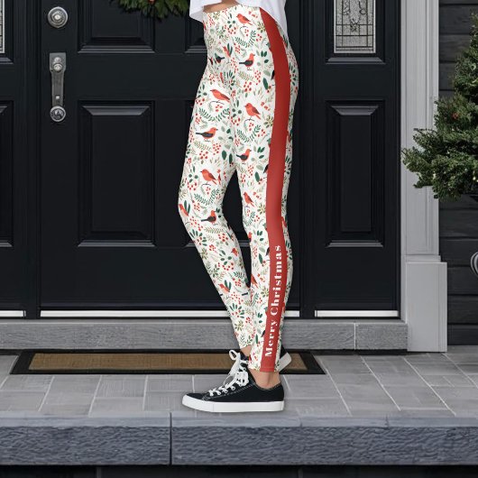 Leggings Festive Red Christmas Holly Berries Oiseaux verts