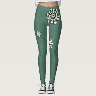 Leggings Fête de Noël rustique Flocons de neige verts