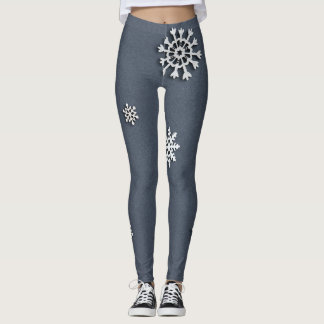Leggings Fête de Noël rustique grise et bleue flocon de nei